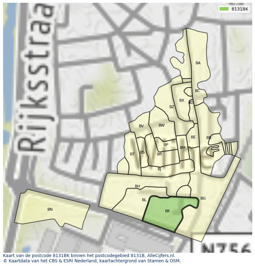 Afbeelding van het postcodegebied 8131 BK op de kaart.