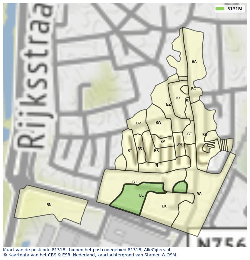 Afbeelding van het postcodegebied 8131 BL op de kaart.