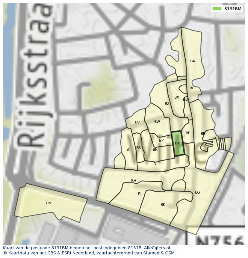 Afbeelding van het postcodegebied 8131 BM op de kaart.