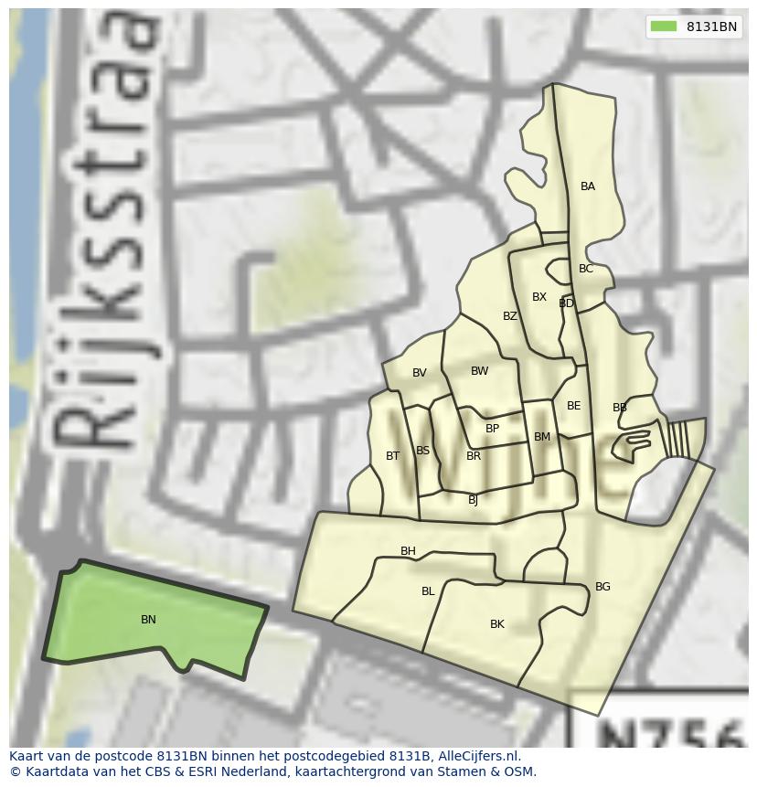 Afbeelding van het postcodegebied 8131 BN op de kaart.