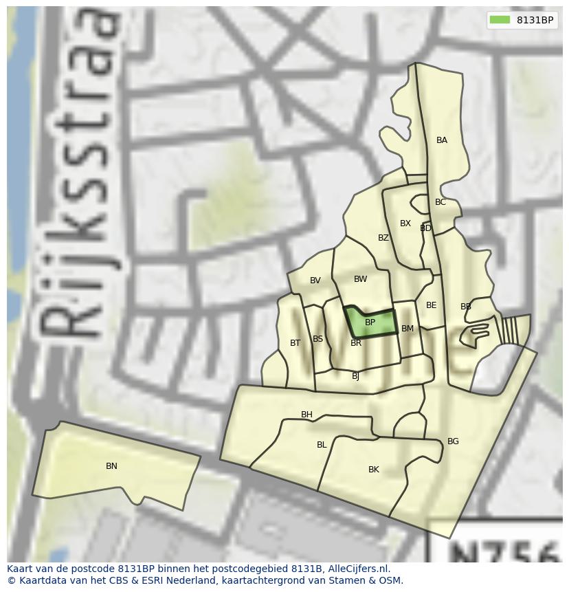 Afbeelding van het postcodegebied 8131 BP op de kaart.