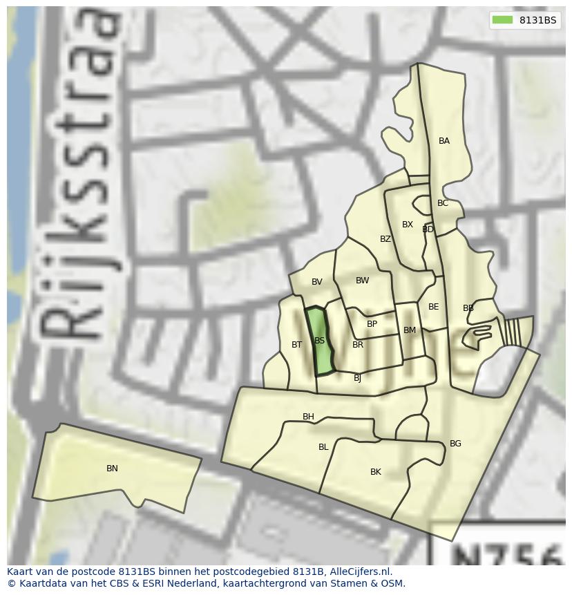 Afbeelding van het postcodegebied 8131 BS op de kaart.