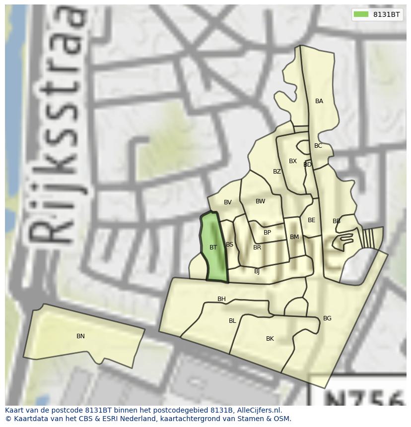 Afbeelding van het postcodegebied 8131 BT op de kaart.