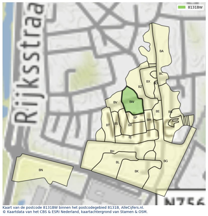 Afbeelding van het postcodegebied 8131 BW op de kaart.
