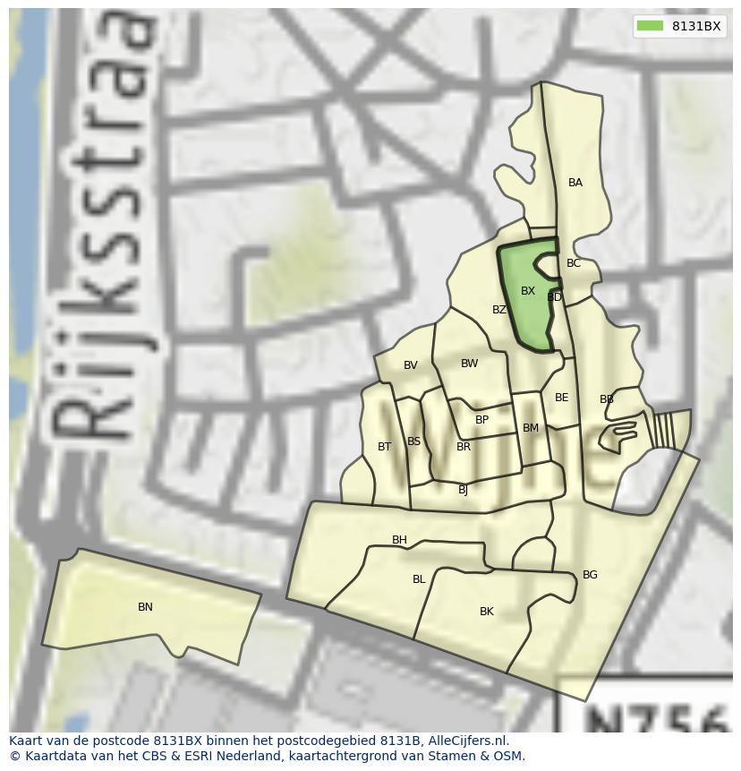 Afbeelding van het postcodegebied 8131 BX op de kaart.