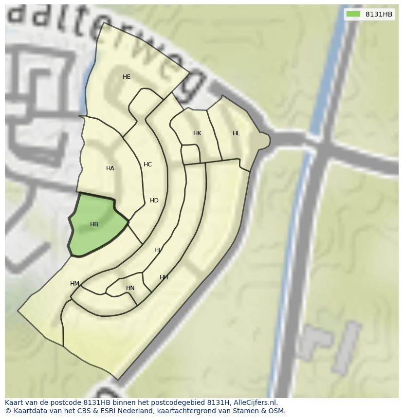 Afbeelding van het postcodegebied 8131 HB op de kaart.