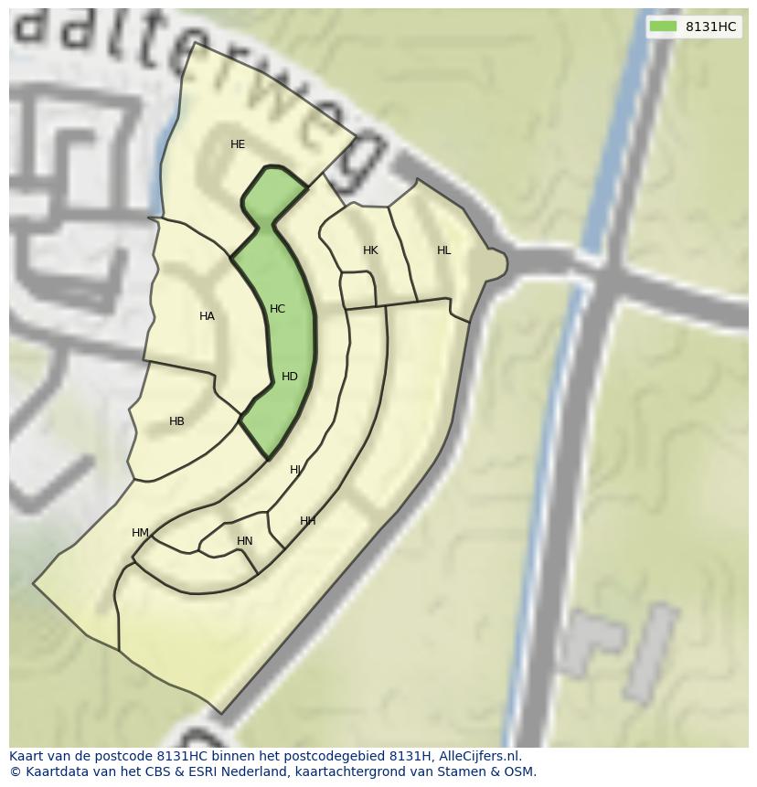 Afbeelding van het postcodegebied 8131 HC op de kaart.
