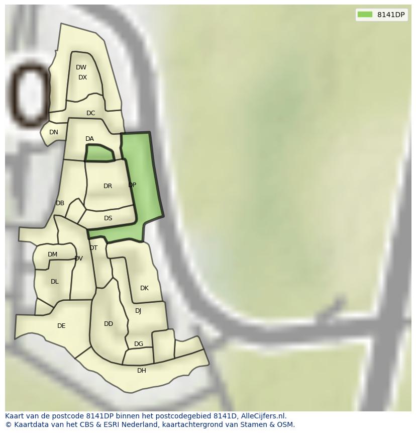 Afbeelding van het postcodegebied 8141 DP op de kaart.