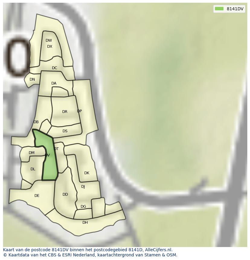 Afbeelding van het postcodegebied 8141 DV op de kaart.