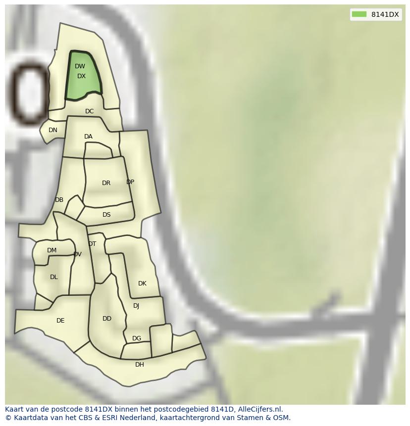 Afbeelding van het postcodegebied 8141 DX op de kaart.