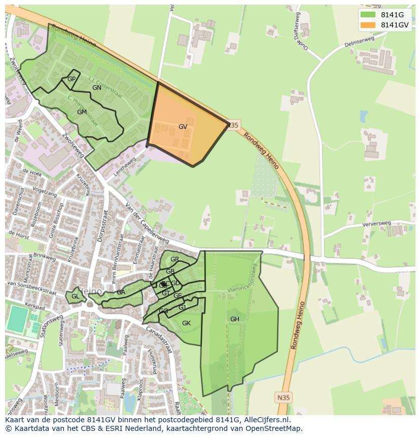 Afbeelding van het postcodegebied 8141 GV op de kaart.