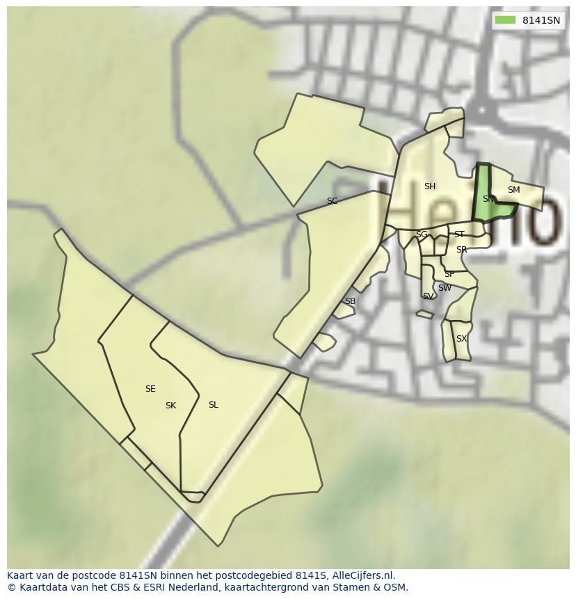 Afbeelding van het postcodegebied 8141 SN op de kaart.