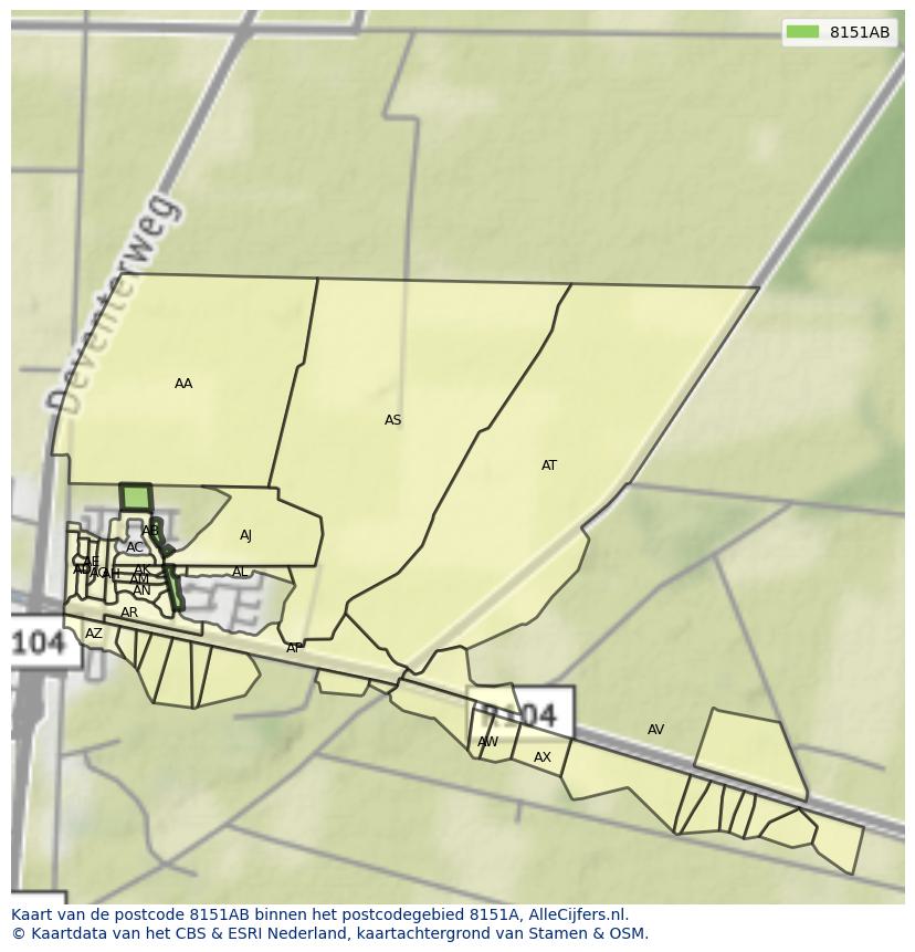 Afbeelding van het postcodegebied 8151 AB op de kaart.