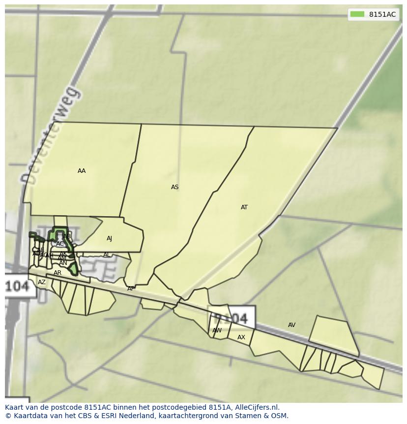 Afbeelding van het postcodegebied 8151 AC op de kaart.