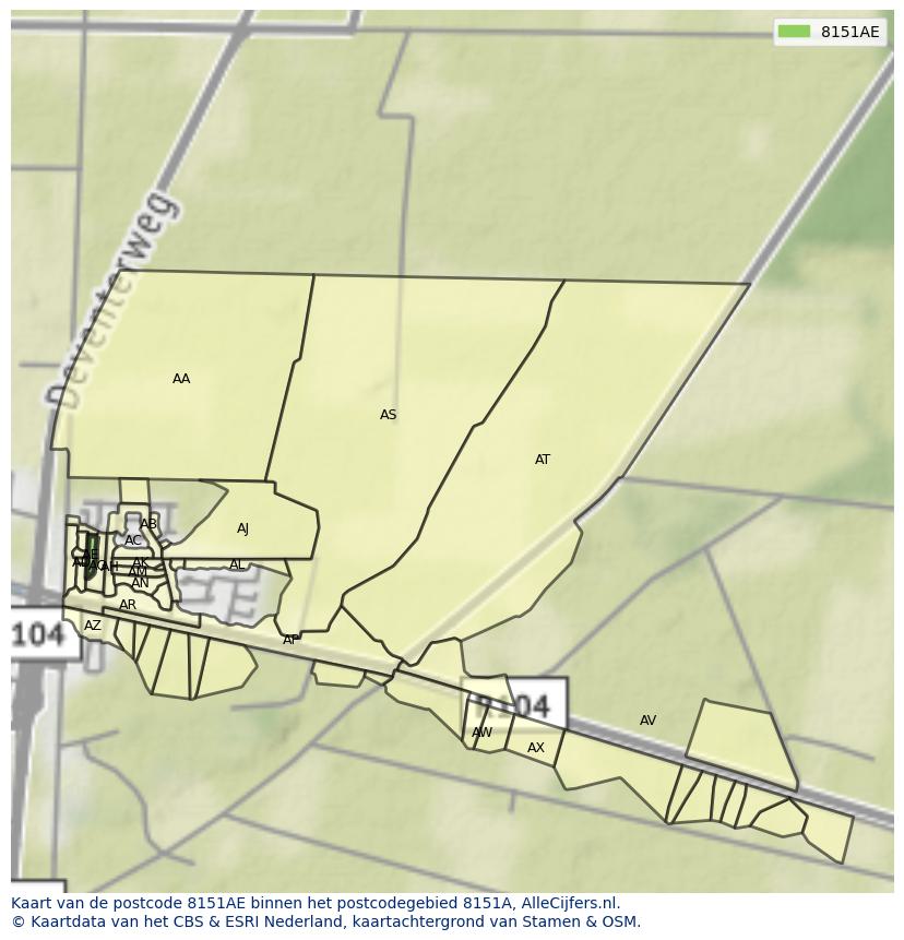 Afbeelding van het postcodegebied 8151 AE op de kaart.