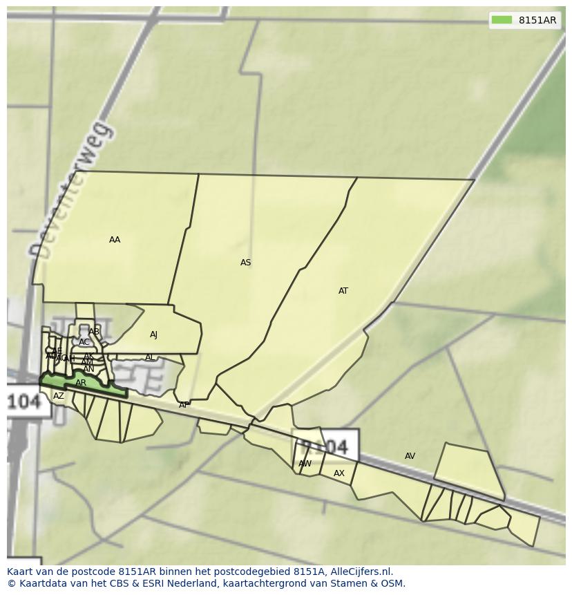 Afbeelding van het postcodegebied 8151 AR op de kaart.