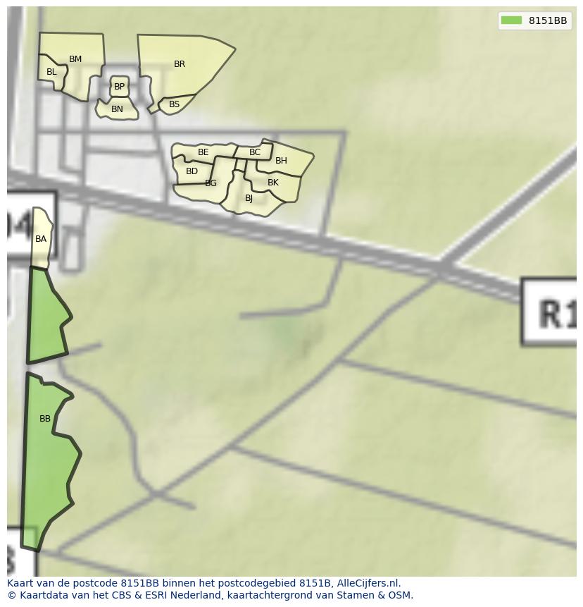 Afbeelding van het postcodegebied 8151 BB op de kaart.