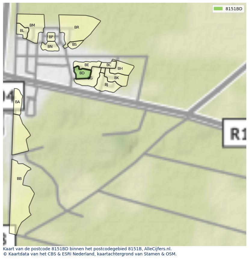 Afbeelding van het postcodegebied 8151 BD op de kaart.