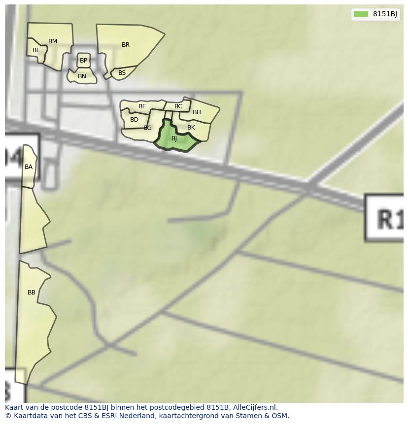 Afbeelding van het postcodegebied 8151 BJ op de kaart.