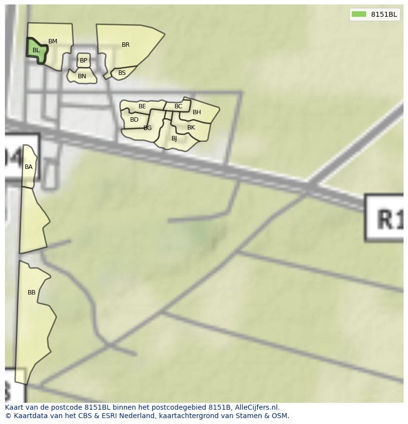 Afbeelding van het postcodegebied 8151 BL op de kaart.
