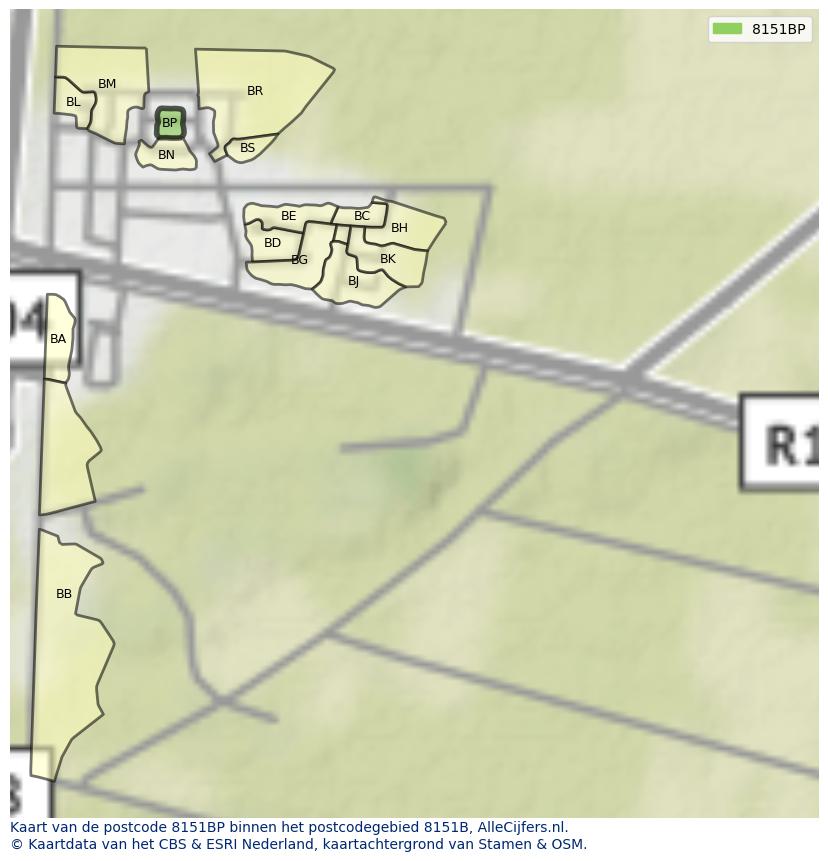 Afbeelding van het postcodegebied 8151 BP op de kaart.