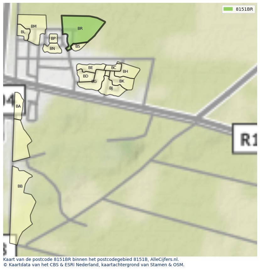 Afbeelding van het postcodegebied 8151 BR op de kaart.