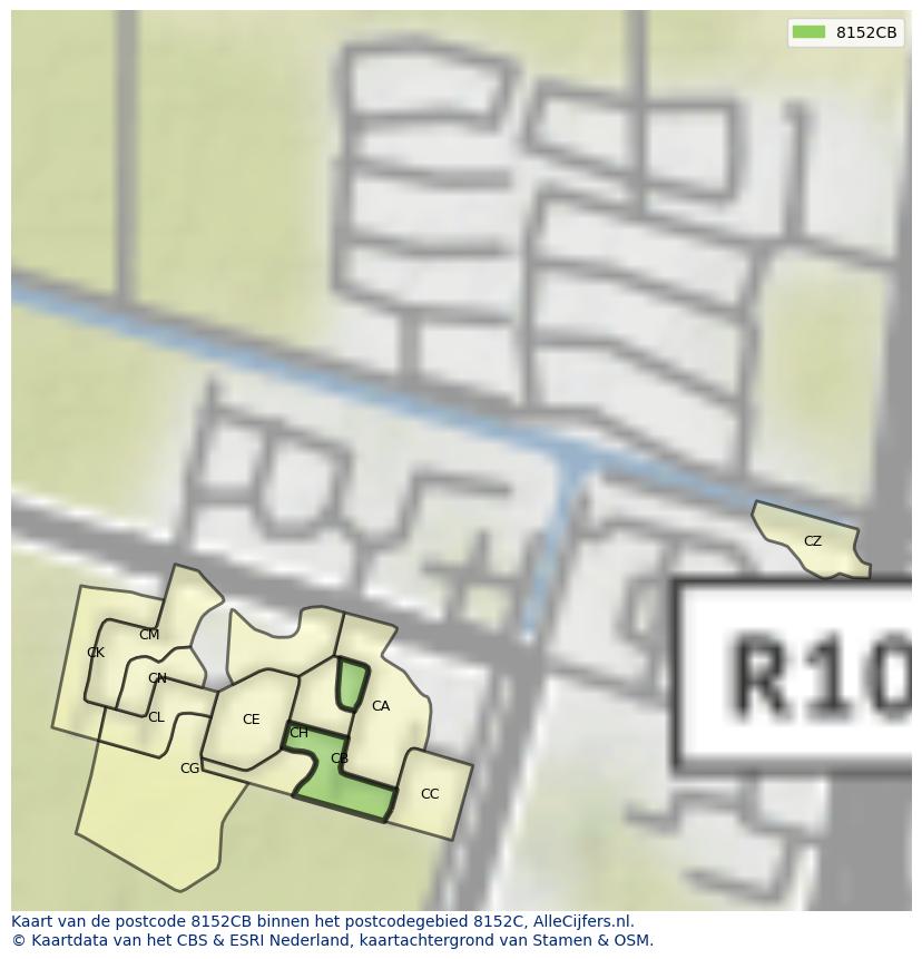 Afbeelding van het postcodegebied 8152 CB op de kaart.