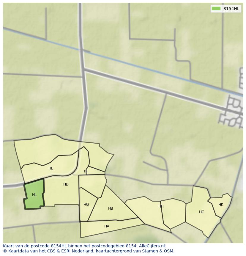 Afbeelding van het postcodegebied 8154 HL op de kaart.