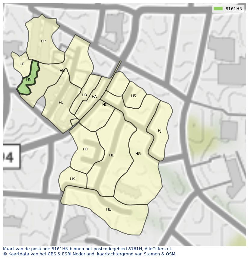 Afbeelding van het postcodegebied 8161 HN op de kaart.