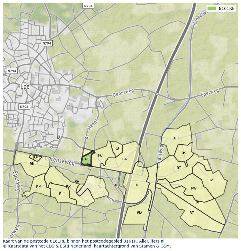 Afbeelding van het postcodegebied 8161 RE op de kaart.