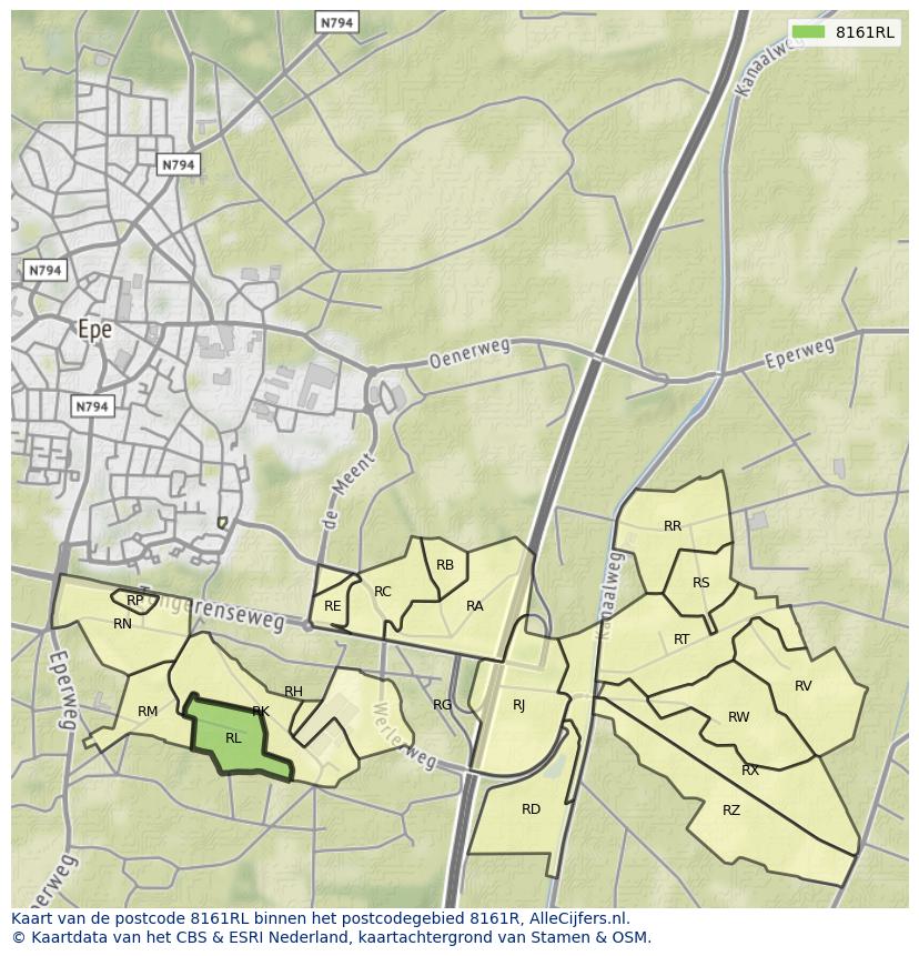 Afbeelding van het postcodegebied 8161 RL op de kaart.
