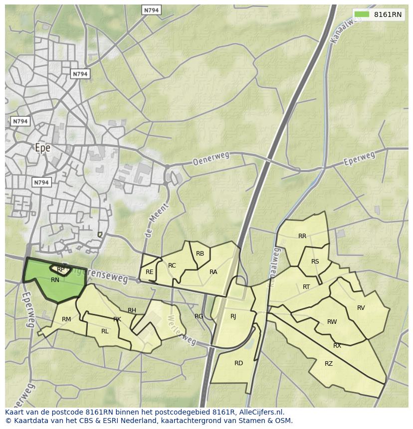 Afbeelding van het postcodegebied 8161 RN op de kaart.