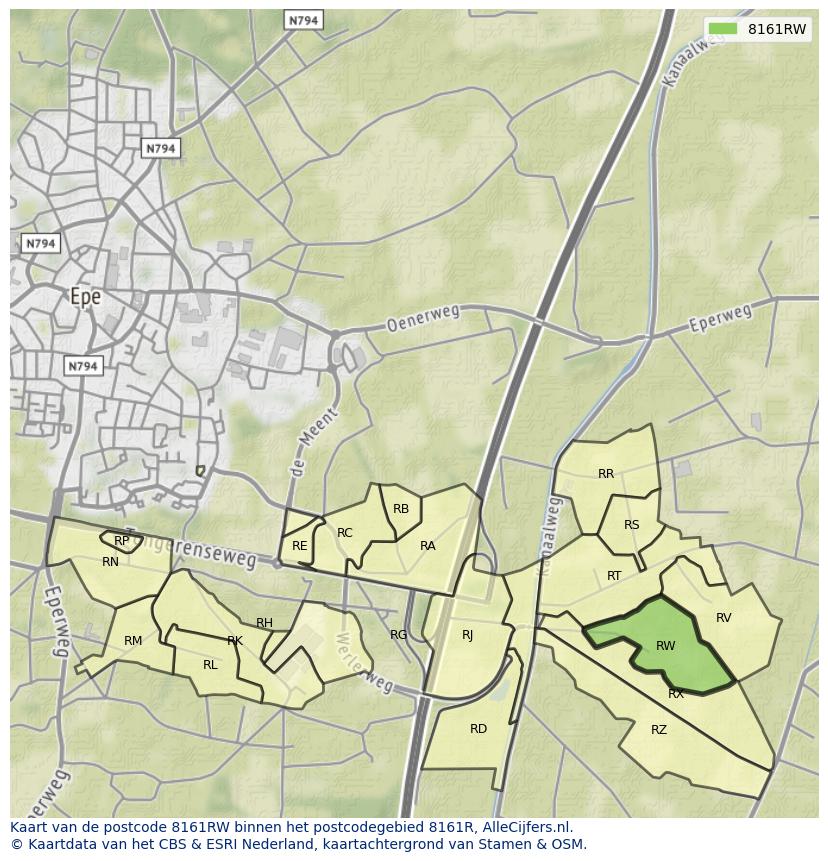 Afbeelding van het postcodegebied 8161 RW op de kaart.