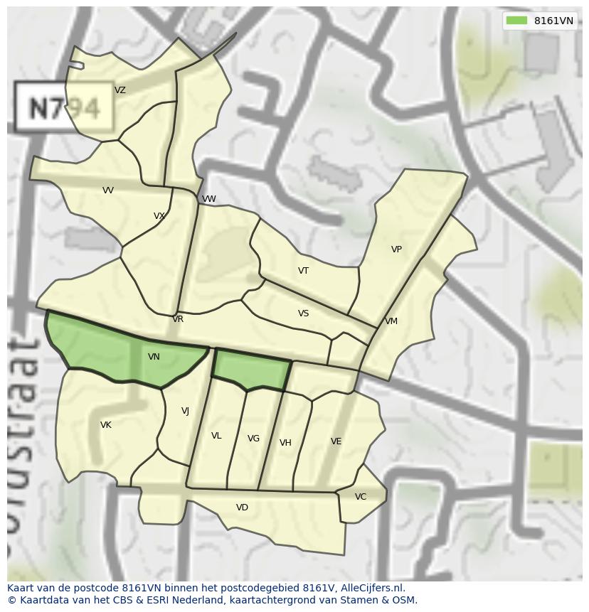 Afbeelding van het postcodegebied 8161 VN op de kaart.