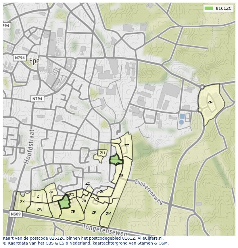 Afbeelding van het postcodegebied 8161 ZC op de kaart.