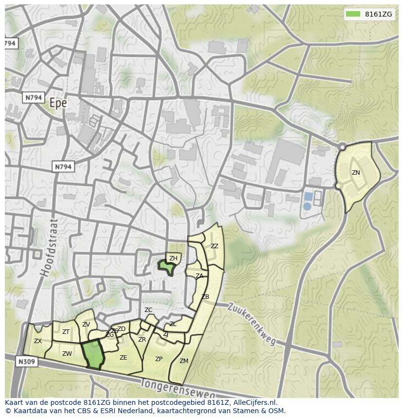 Afbeelding van het postcodegebied 8161 ZG op de kaart.