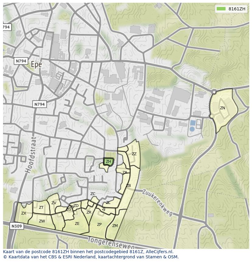 Afbeelding van het postcodegebied 8161 ZH op de kaart.