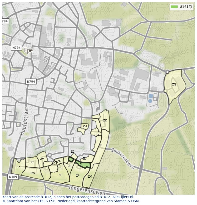 Afbeelding van het postcodegebied 8161 ZJ op de kaart.