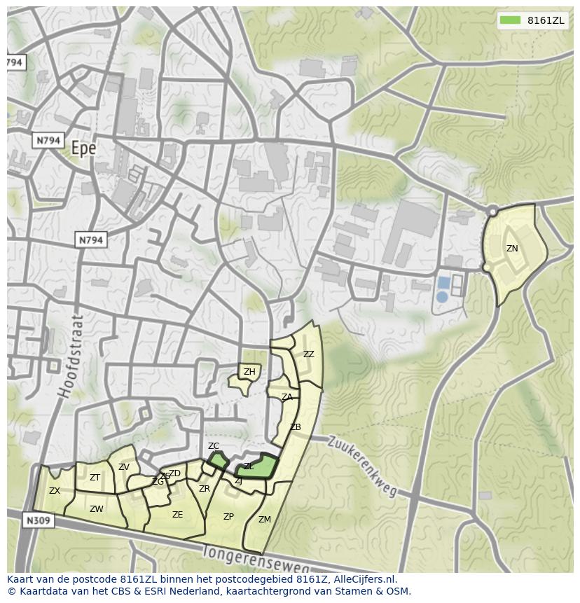 Afbeelding van het postcodegebied 8161 ZL op de kaart.