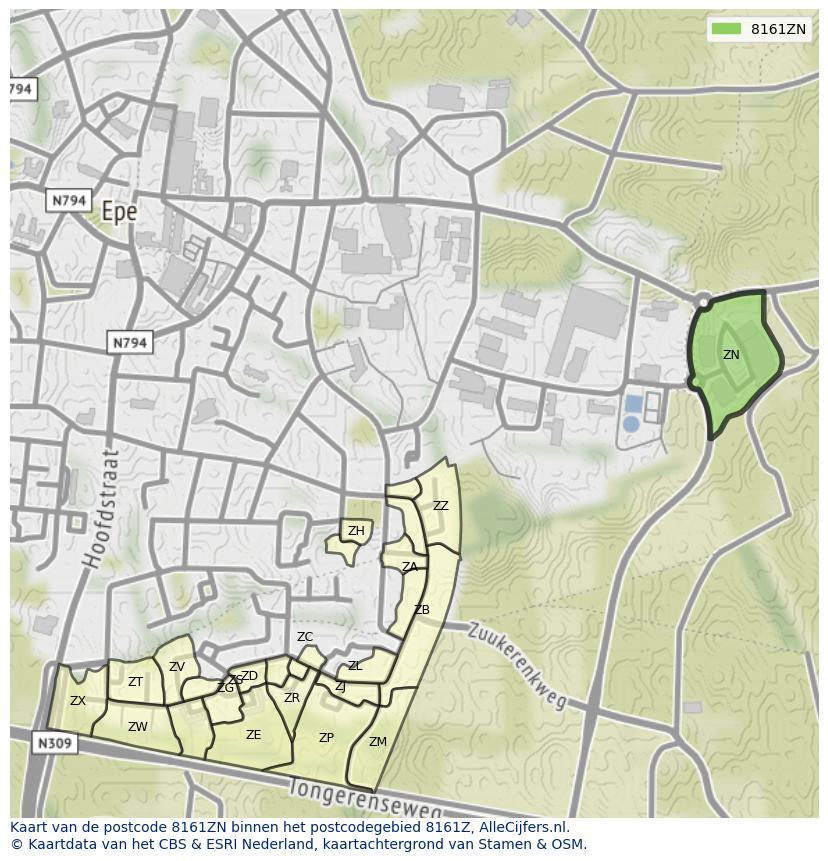 Afbeelding van het postcodegebied 8161 ZN op de kaart.