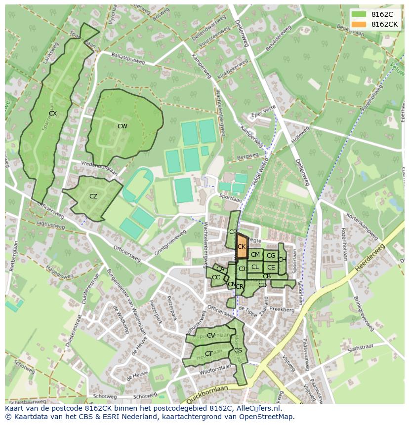 Afbeelding van het postcodegebied 8162 CK op de kaart.