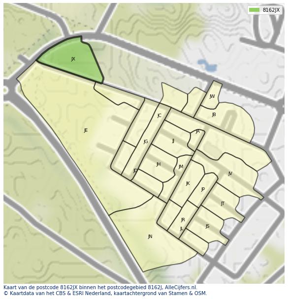 Afbeelding van het postcodegebied 8162 JX op de kaart.