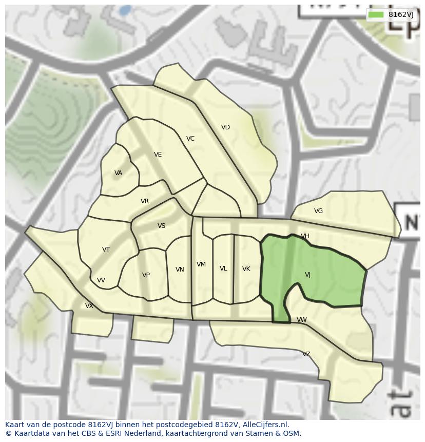 Afbeelding van het postcodegebied 8162 VJ op de kaart.