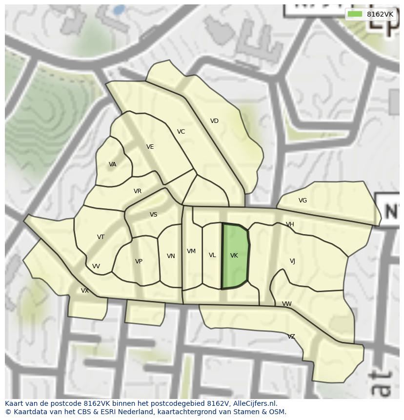 Afbeelding van het postcodegebied 8162 VK op de kaart.