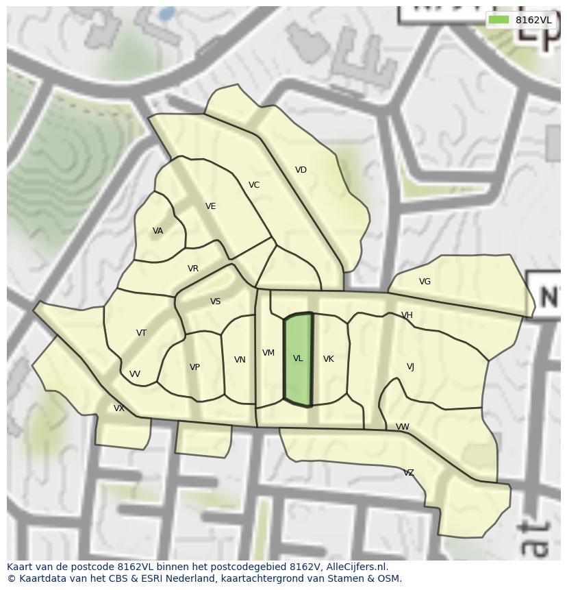 Afbeelding van het postcodegebied 8162 VL op de kaart.