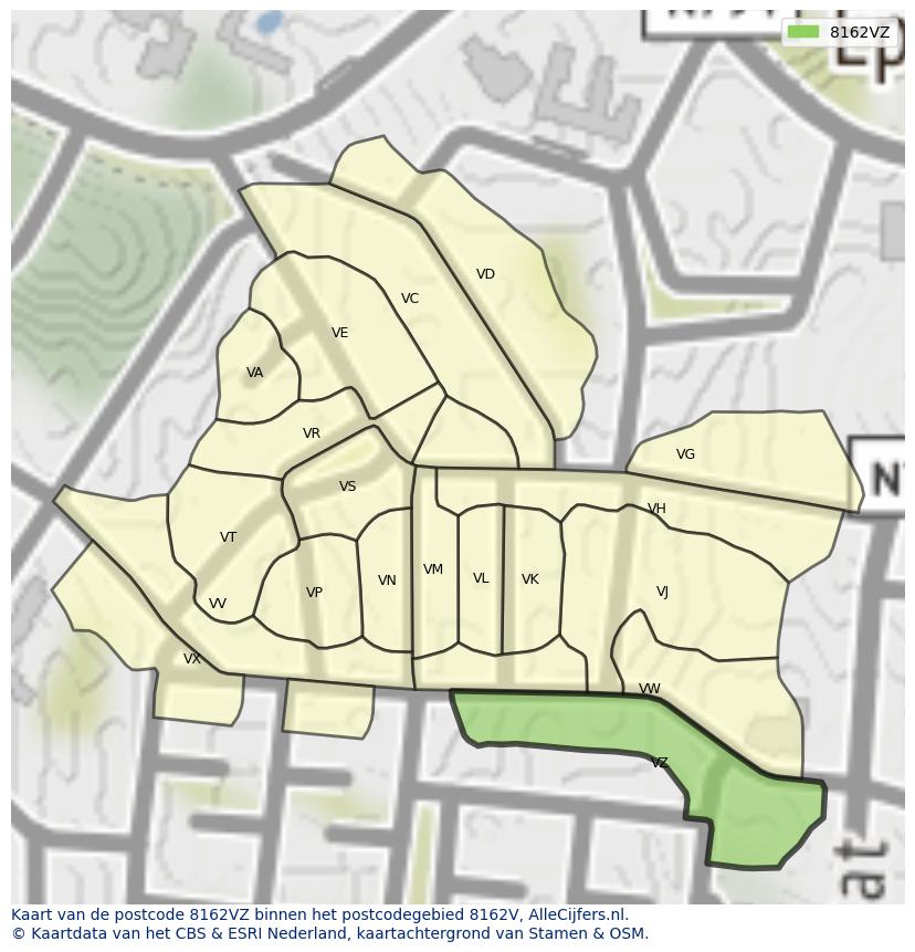 Afbeelding van het postcodegebied 8162 VZ op de kaart.
