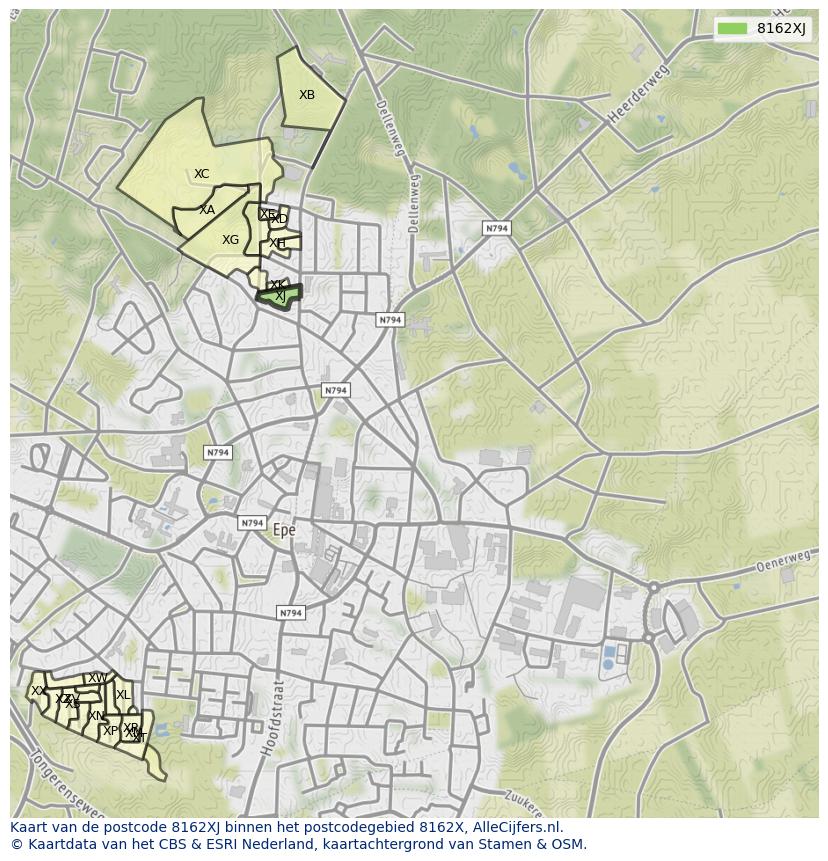 Afbeelding van het postcodegebied 8162 XJ op de kaart.