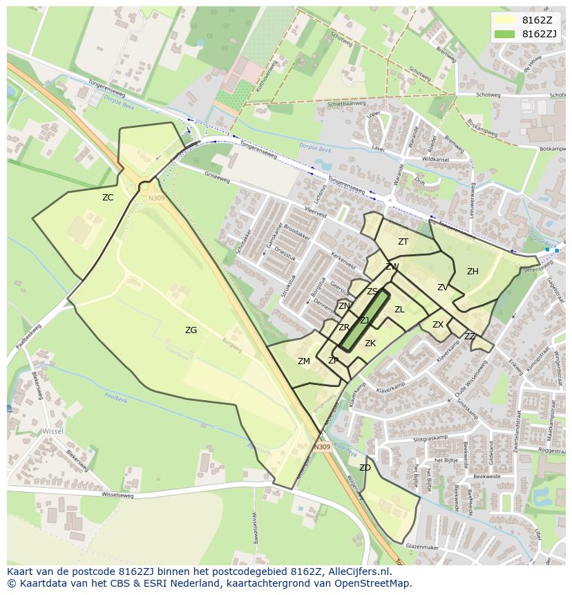 Afbeelding van het postcodegebied 8162 ZJ op de kaart.