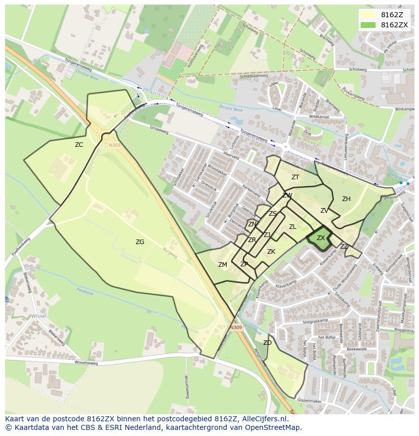 Afbeelding van het postcodegebied 8162 ZX op de kaart.