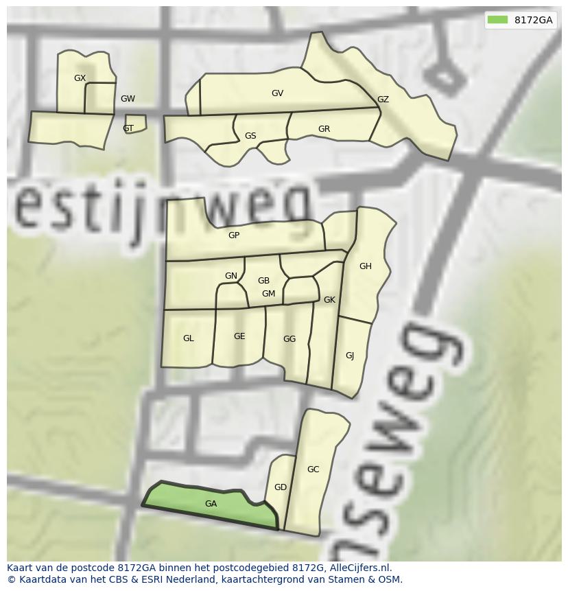 Afbeelding van het postcodegebied 8172 GA op de kaart.